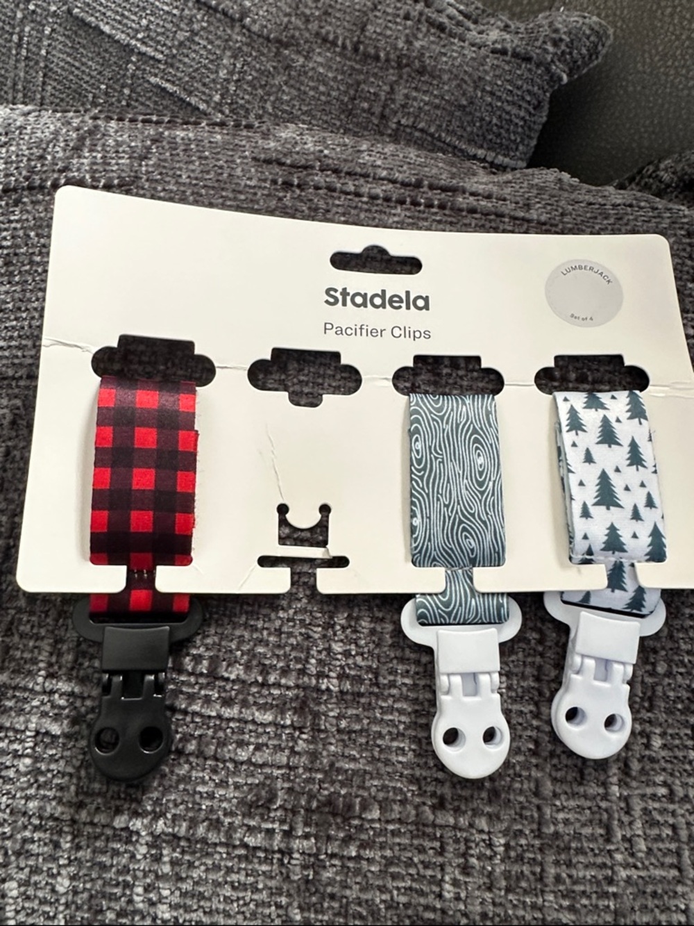 Kids Pacifier Clips - Red Buffalo Plaid, Gray Woodgrain, White Tree Print